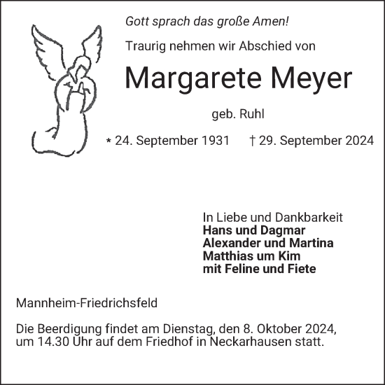 Traueranzeige von Margarete Meyer von Mannheimer Morgen