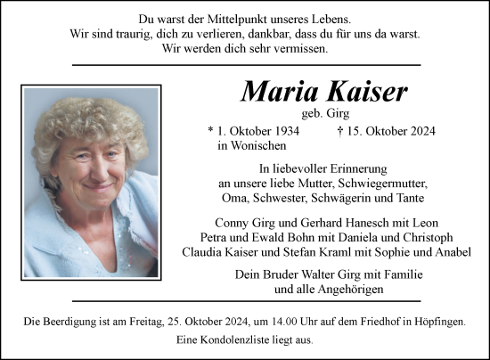 Traueranzeige von Maria Kaiser von Fränkische Nachrichten