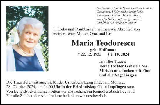 Traueranzeige von Maria Teodorescu von Fränkische Nachrichten