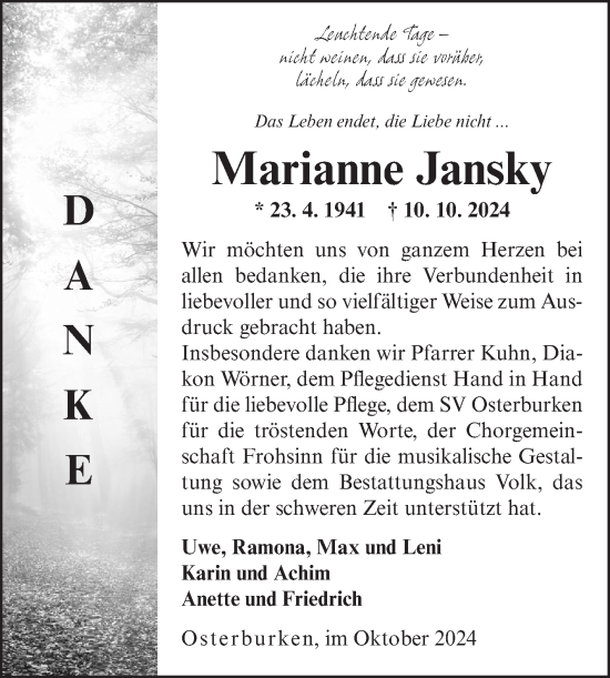 Traueranzeige von Marianne Jansky von Fränkische Nachrichten