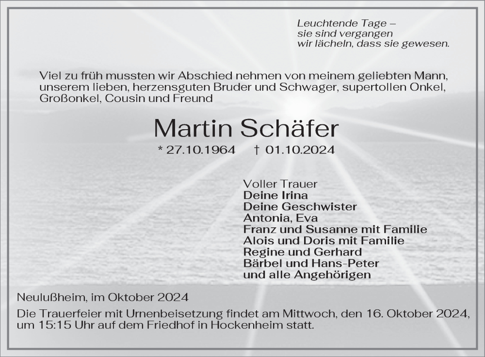  Traueranzeige für Martin Schäfer vom 11.10.2024 aus Schwetzinger Zeitung