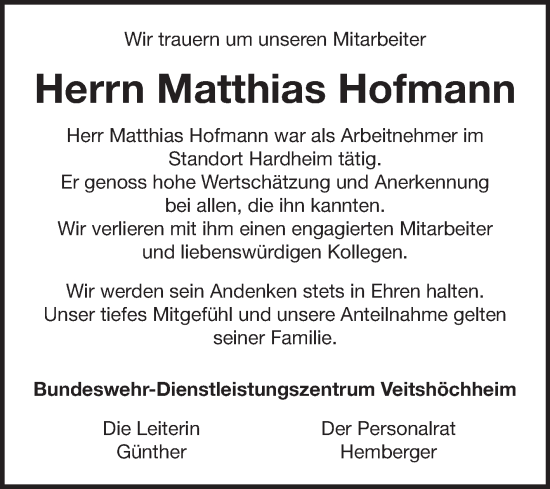 Traueranzeige von Matthias Hofmann von Fränkische Nachrichten