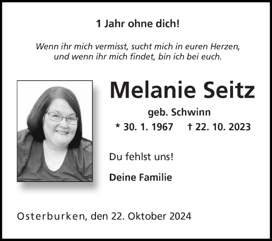 Traueranzeige von Melanie Seitz von Fränkische Nachrichten