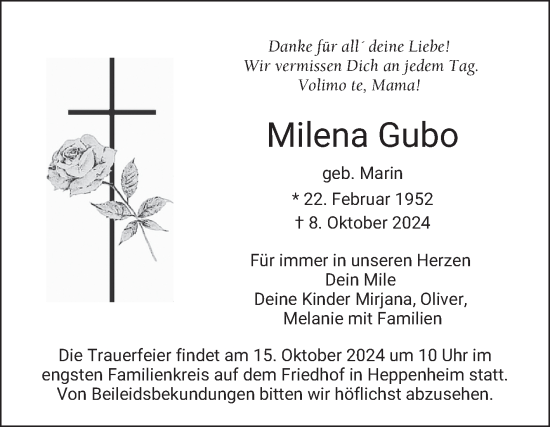 Traueranzeige von Milena Gubo von Bergsträßer Anzeiger