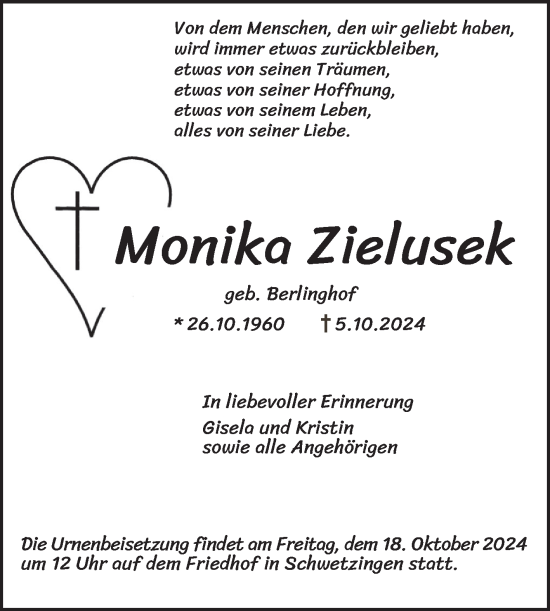 Traueranzeige von Monika Zielusek von Schwetzinger Zeitung