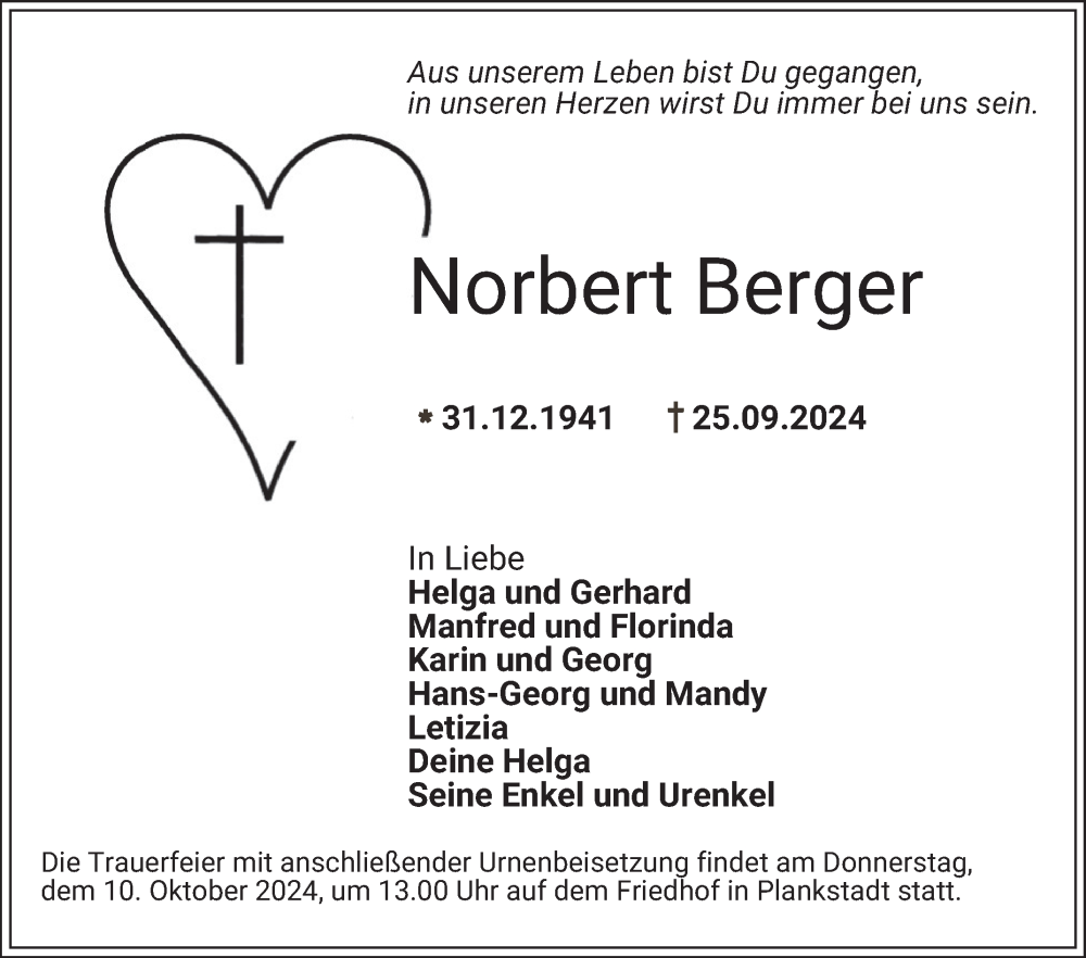  Traueranzeige für Norbert Berger vom 05.10.2024 aus Schwetzinger Zeitung