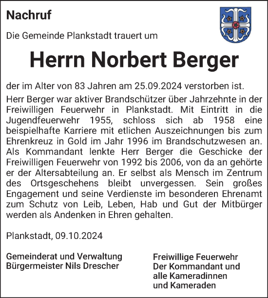 Traueranzeige von Norbert Berger von Schwetzinger Zeitung