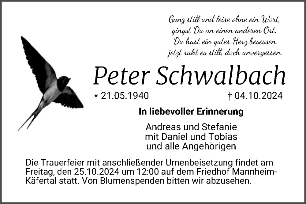  Traueranzeige für Peter Schwalbach vom 19.10.2024 aus Mannheimer Morgen