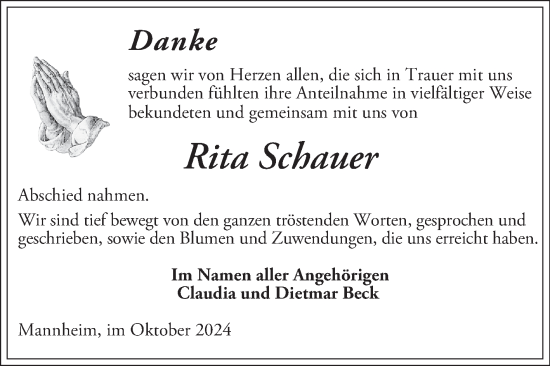 Traueranzeige von Rita Schauer von Mannheimer Morgen