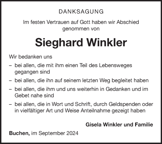 Traueranzeige von Sieghard Winkler von Fränkische Nachrichten