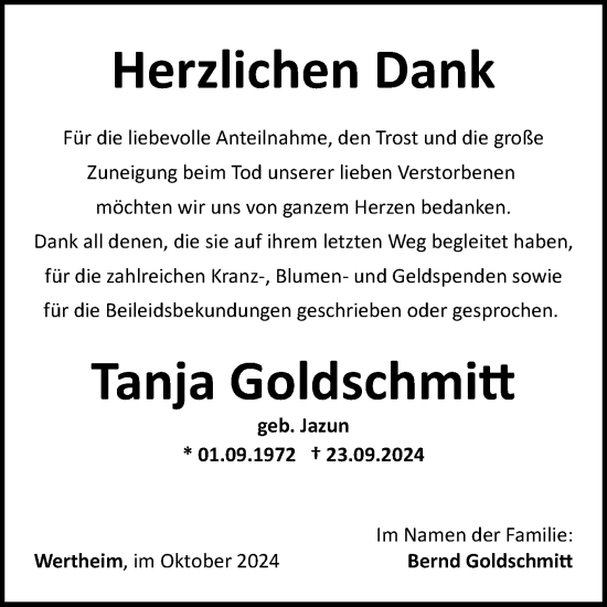 Traueranzeige von Tanja Goldschmitt von Fränkische Nachrichten