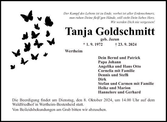 Traueranzeige von Tanja Goldschmitt von Fränkische Nachrichten