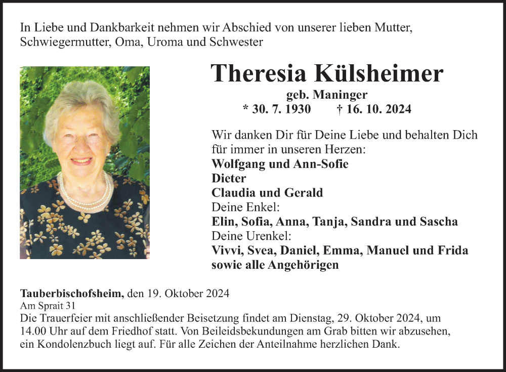  Traueranzeige für Theresia Külsheimer vom 19.10.2024 aus Fränkische Nachrichten