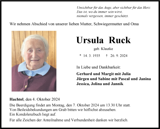 Traueranzeige von Ursula Ruck von Fränkische Nachrichten