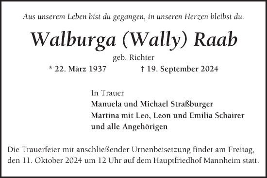 Traueranzeige von Walburga Raab von Mannheimer Morgen