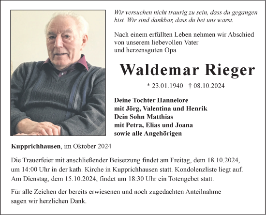 Traueranzeige von Waldemar Rieger von Fränkische Nachrichten