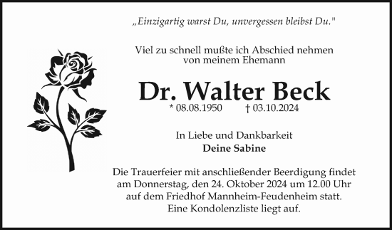 Traueranzeige von Walter Beck von Mannheimer Morgen