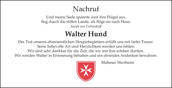 Traueranzeige von Walter Hund von Fränkische Nachrichten