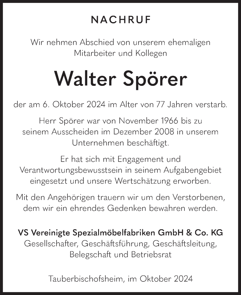  Traueranzeige für Walter Spörer vom 19.10.2024 aus Fränkische Nachrichten