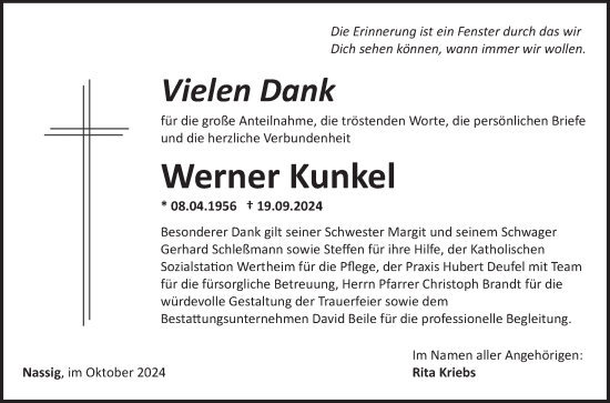 Traueranzeige von Werner Kunkel von Fränkische Nachrichten