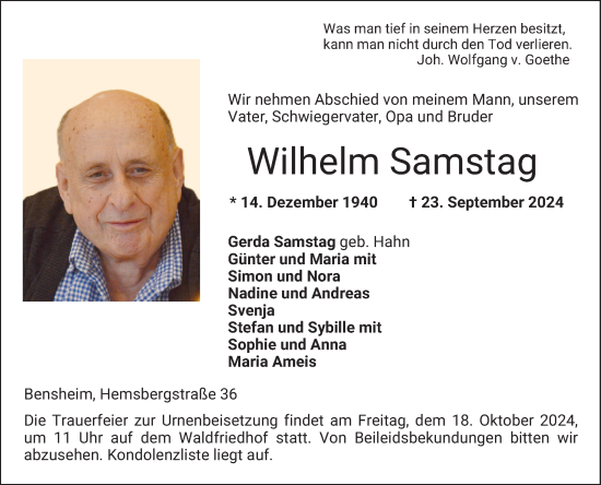 Traueranzeige von Wilhelm Samstag von Bergsträßer Anzeiger