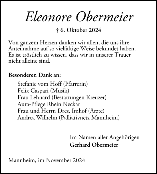 Traueranzeige von Eleonore Obermeier von Mannheimer Morgen