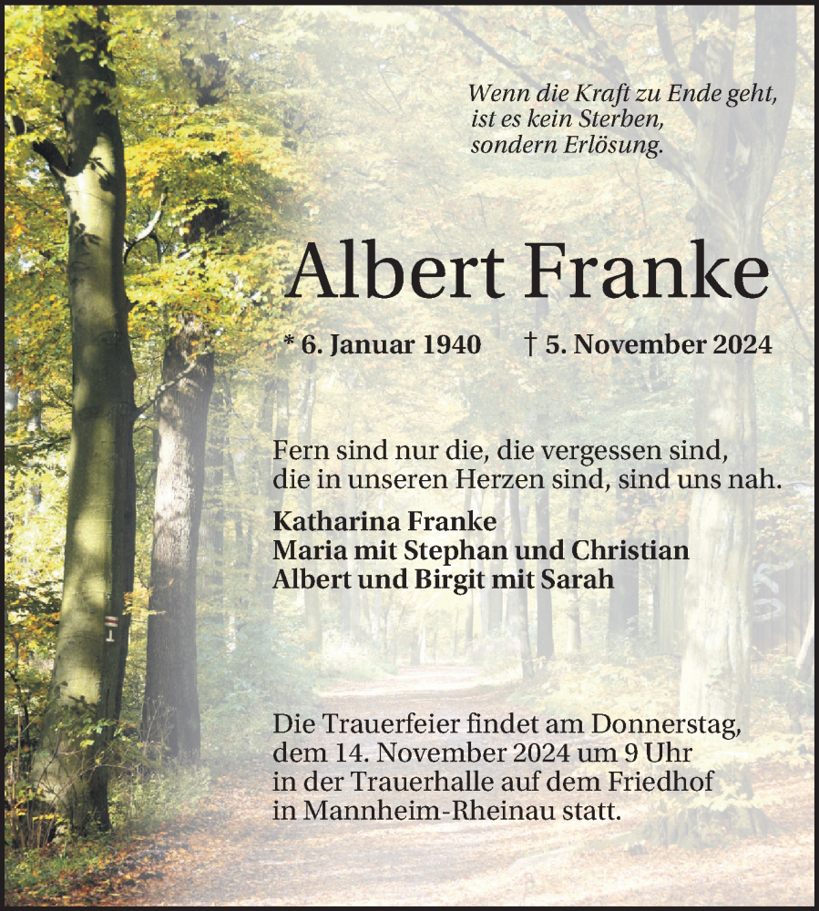  Traueranzeige für Albert Franke vom 09.11.2024 aus Mannheimer Morgen