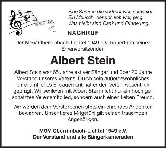 Traueranzeige von Albert Stein von Fränkische Nachrichten