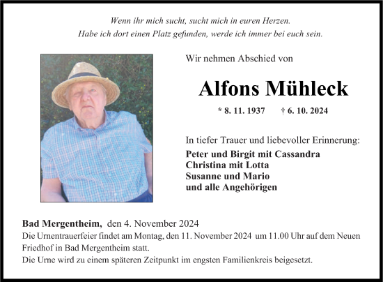 Traueranzeige von Alfons Mühleck von Fränkische Nachrichten