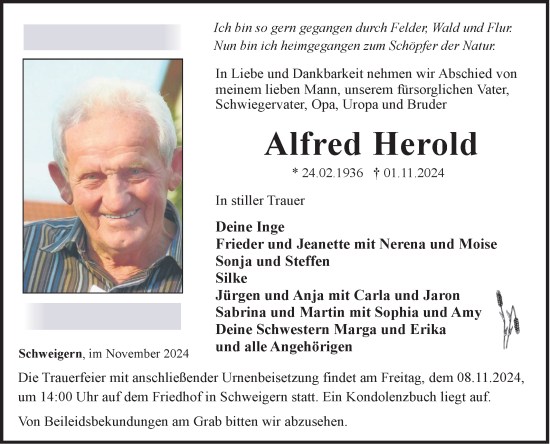 Traueranzeige von Alfred Herold von Fränkische Nachrichten