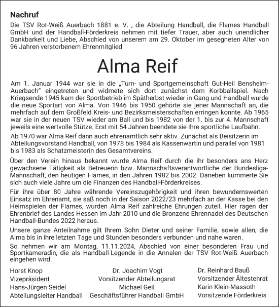 Traueranzeige von Alma Reif von Bergsträßer Anzeiger