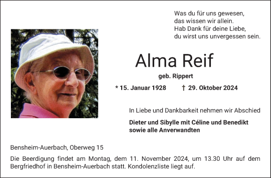 Traueranzeige von Alma Reif von Bergsträßer Anzeiger