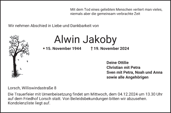 Traueranzeige von Alwin Jakoby von Bergsträßer Anzeiger