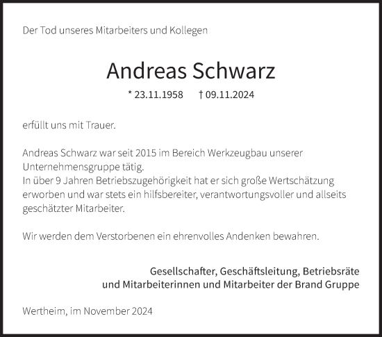 Traueranzeige von Andreas Schwarz von Fränkische Nachrichten