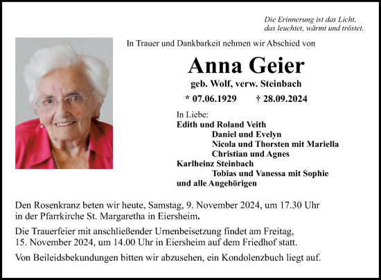 Traueranzeige von Anna Geier von Fränkische Nachrichten