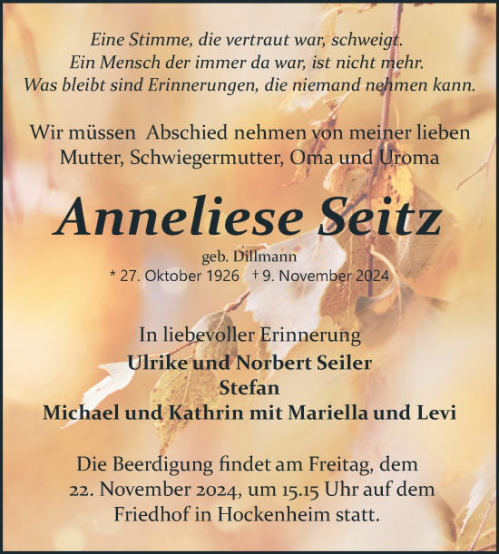 Traueranzeige von Anneliese Seitz von Schwetzinger Zeitung