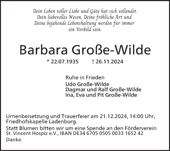 Traueranzeige von Barbara Große-Wilde von Mannheimer Morgen