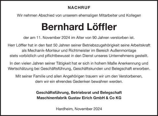 Traueranzeige von Bernhard Löffler von Fränkische Nachrichten