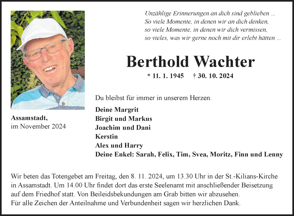  Traueranzeige für Berthold Wachter vom 05.11.2024 aus Fränkische Nachrichten