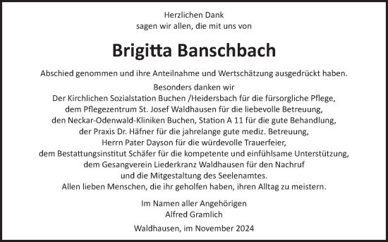 Traueranzeige von Brigitta Banschbach von Fränkische Nachrichten