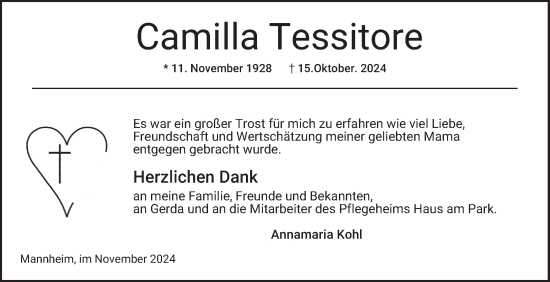 Traueranzeige von Camilla Tessitore von Mannheimer Morgen