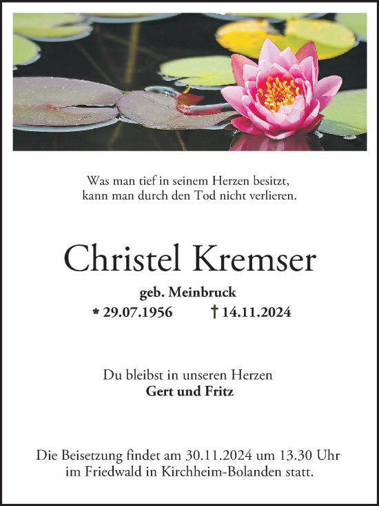 Traueranzeige von Christel Kremser von Bergsträßer Anzeiger