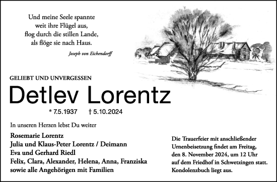 Traueranzeige von Detlev Lorentz von Schwetzinger Zeitung