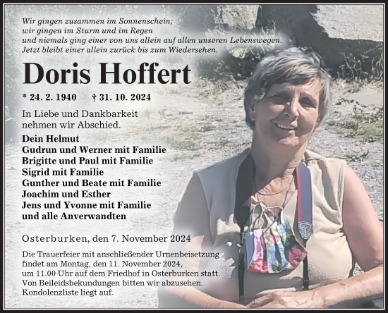 Traueranzeige von Doris Hoffert von Fränkische Nachrichten