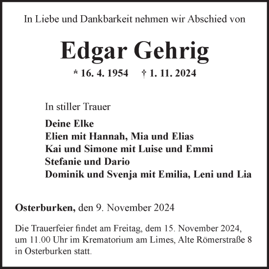 Traueranzeige von Edgar Gehrig von Fränkische Nachrichten