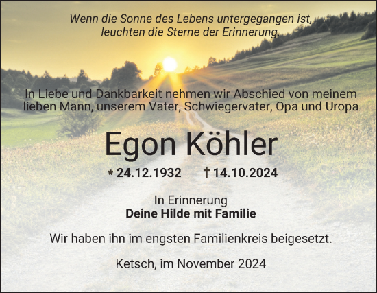 Traueranzeige von Egon Köhler von Schwetzinger Zeitung