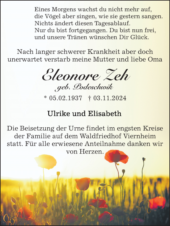 Traueranzeige von Eleonore Zeh von Mannheimer Morgen