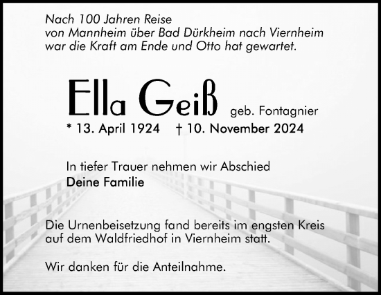 Traueranzeige von Ella Geiß von Mannheimer Morgen