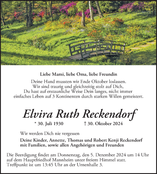 Traueranzeige von Elvira Ruth Reckendorf von Mannheimer Morgen