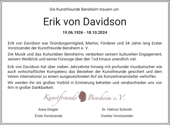 Traueranzeige von Erik von Davidson von Bergsträßer Anzeiger